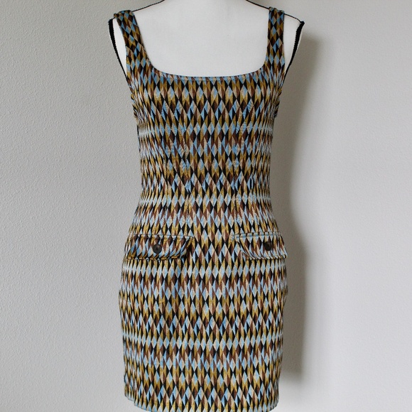 Brown, Gold, & Blue Diamond Print Square Neck Mod Mini Dress - Picture 1 of 8